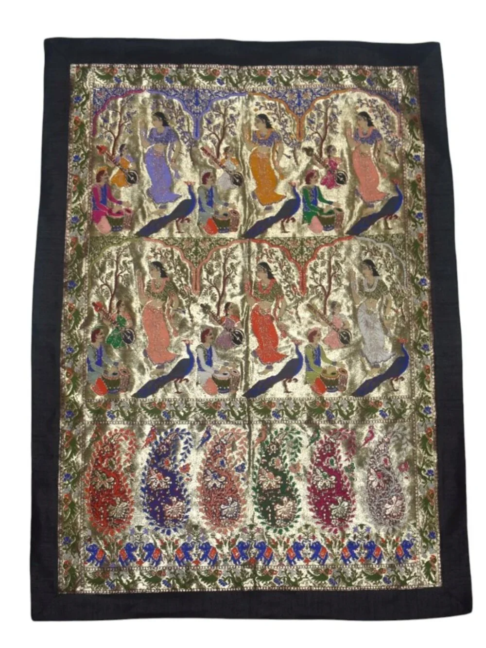 Indian Metallic Brocade Wall Hanging Tapestry Women Musicians Peacocks